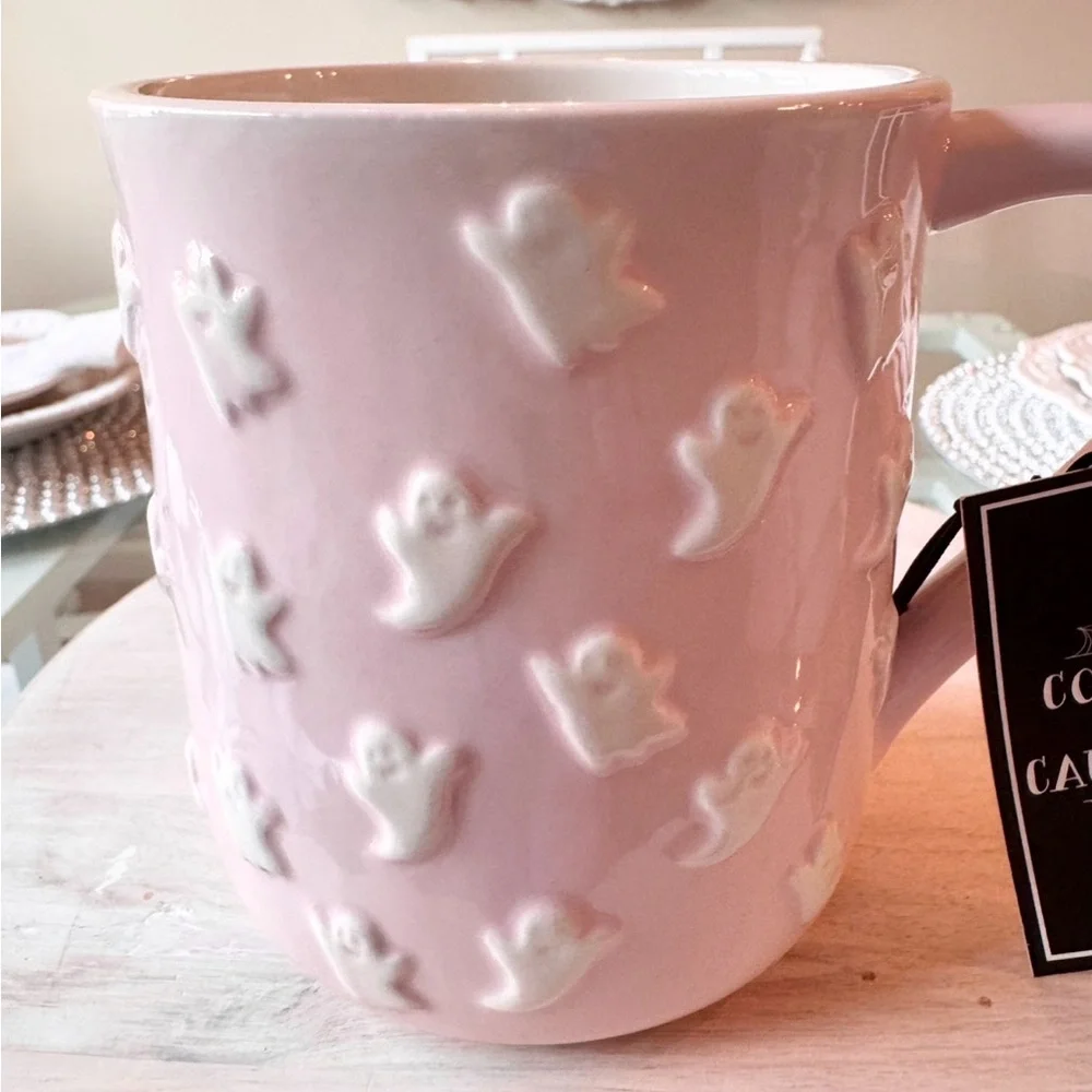 🩷👻 PINK + WHITE Mini Ghost Mug Cobwebs & Cauldrons NEW - Picture 4 of 5